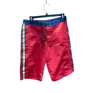 World Jungle Nirvana Trunks Board Shorts Size 30 Vtg Red Yellow Blue